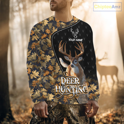 Whitetail Deer Hunting Clothes Custom Name Beautiful Autumn Leaves Camo Hunting Gifts NHT42