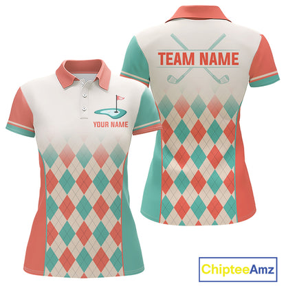 Argyle Pattern Golf Polo Shirts For Womens Custom Name, Golf Pattern Orange Turquoise Shirt Gifts NHT929