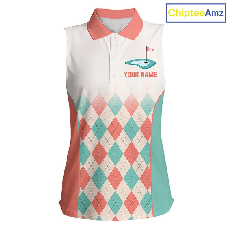 Argyle Pattern Womens Sleeveless Golf Polo Shirts For Womens Custom Name, Golf Pattern Orange Turquoise Shirt Gifts NHT929