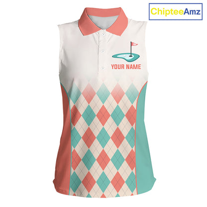 Argyle Pattern Womens Sleeveless Golf Polo Shirts For Womens Custom Name, Golf Pattern Orange Turquoise Shirt Gifts NHT929