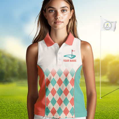 Argyle Pattern Womens Sleeveless Golf Polo Shirts For Womens Custom Name, Golf Pattern Orange Turquoise Shirt Gifts NHT929