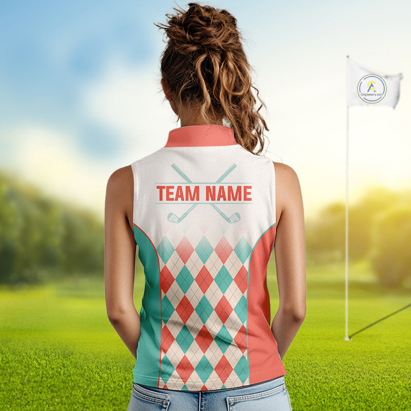 Argyle Pattern Womens Sleeveless Golf Polo Shirts For Womens Custom Name, Golf Pattern Orange Turquoise Shirt Gifts NHT929