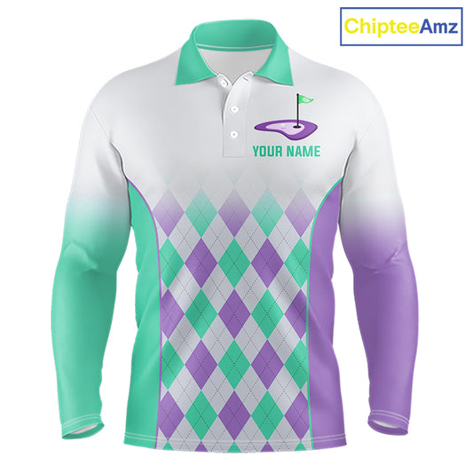 Argyle Pattern Golf Polo Shirts For Mens Custom Name, Golf Pattern Turquoise Purple Shirt Gifts NHT932