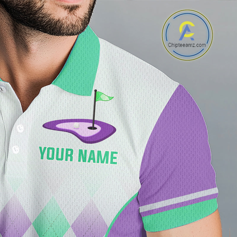 Argyle Pattern Golf Polo Shirts For Mens Custom Name, Golf Pattern Turquoise Purple Shirt Gifts NHT932