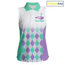 Load image into Gallery viewer, Argyle Pattern Womens Sleeveless Golf Polo Shirts For Womens Custom Name, Golf Pattern Turquoise Purple Shirt Gifts NHT932