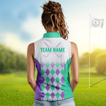 Load image into Gallery viewer, Argyle Pattern Womens Sleeveless Golf Polo Shirts For Womens Custom Name, Golf Pattern Turquoise Purple Shirt Gifts NHT932