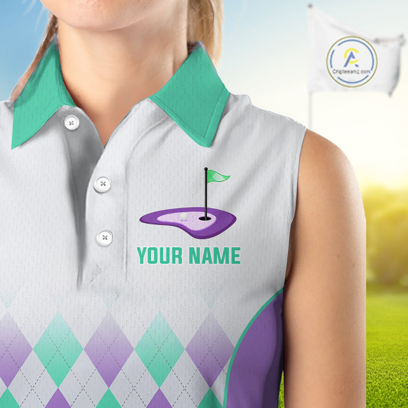 Argyle Pattern Womens Sleeveless Golf Polo Shirts For Womens Custom Name, Golf Pattern Turquoise Purple Shirt Gifts NHT932