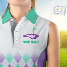 Load image into Gallery viewer, Argyle Pattern Womens Sleeveless Golf Polo Shirts For Womens Custom Name, Golf Pattern Turquoise Purple Shirt Gifts NHT932