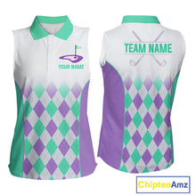 Load image into Gallery viewer, Argyle Pattern Womens Sleeveless Golf Polo Shirts For Womens Custom Name, Golf Pattern Turquoise Purple Shirt Gifts NHT932