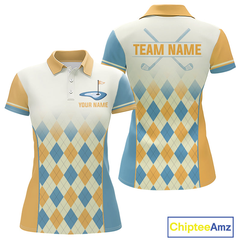 Argyle Pattern Golf Polo Shirts For Womens Custom Name, Golf Pattern Yellow Blue Shirt Gifts NHT933