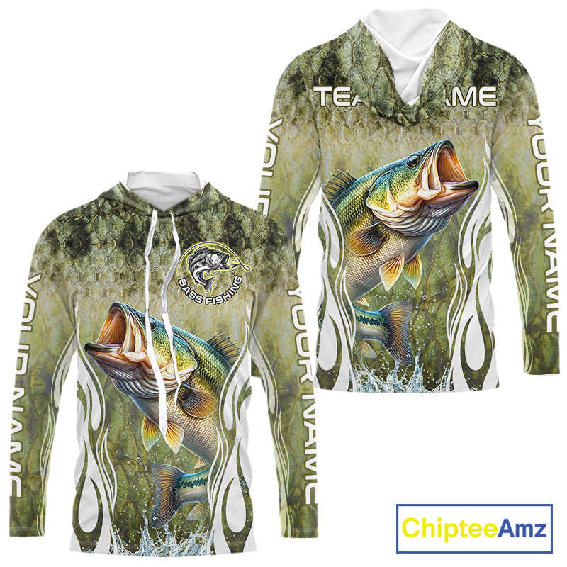 Personalized Bass Team Fishing Shirt - Long Sleeve Hooded Tournament Fishing Apparel 