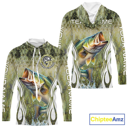 Personalized Bass Team Fishing Shirt - Long Sleeve Hooded Tournament Fishing Apparel 