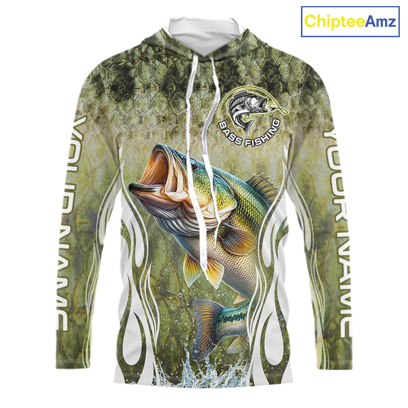 Personalized Bass Team Fishing Shirt - Long Sleeve Hooded Tournament Fishing Apparel 