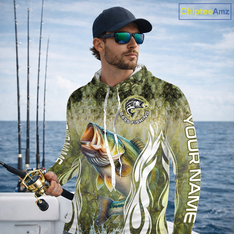 Personalized Bass Team Fishing Shirt - Long Sleeve Hooded Tournament Fishing Apparel 
