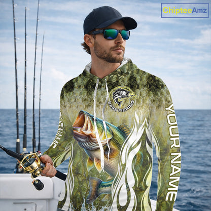 Personalized Bass Team Fishing Shirt - Long Sleeve Hooded Tournament Fishing Apparel 