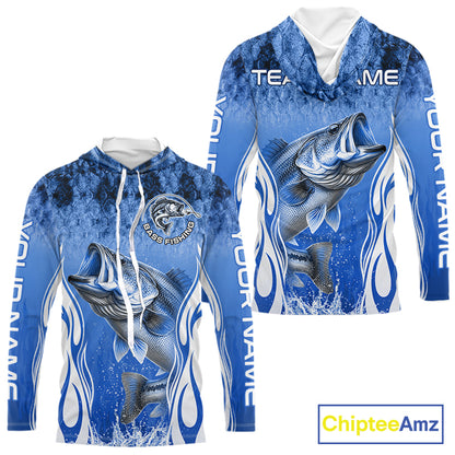 Personalized Team Bass Fishing Shirt - Long Sleeve Hooded Tournament Fishing Apparel|Blue 