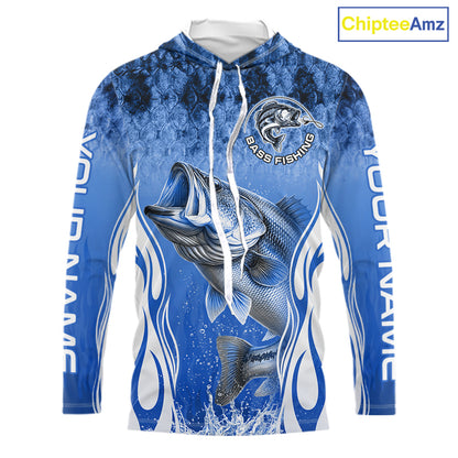 Personalized Team Bass Fishing Shirt - Long Sleeve Hooded Tournament Fishing Apparel|Blue 