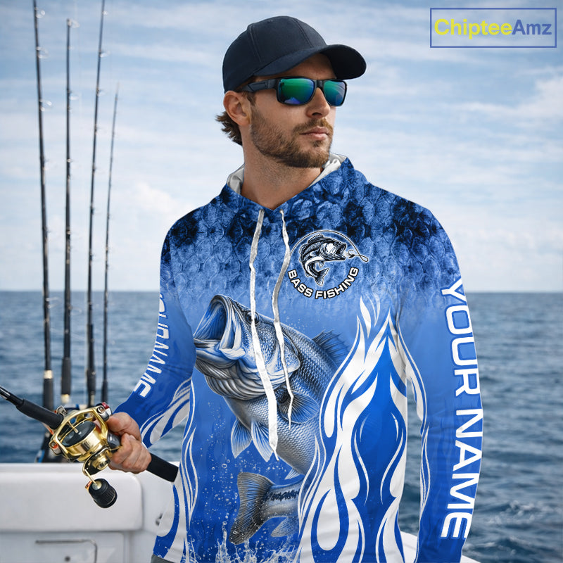 Personalized Team Bass Fishing Shirt - Long Sleeve Hooded Tournament Fishing Apparel|Blue 