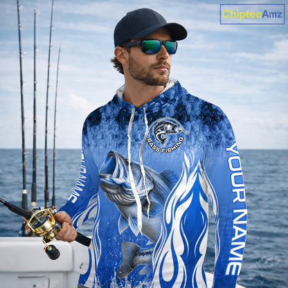 Personalized Team Bass Fishing Shirt - Long Sleeve Hooded Tournament Fishing Apparel|Blue 