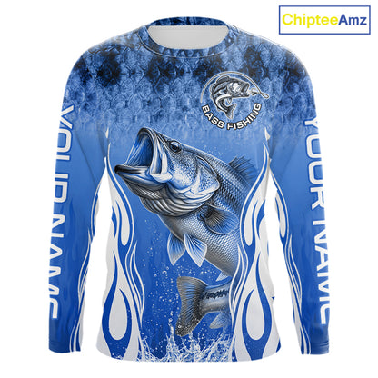 Personalized Team Bass Fishing Shirt - Long Sleeve Tournament Fishing Apparel|Blue