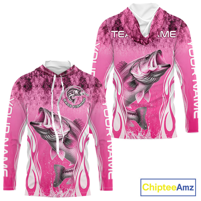 Personalized Team Bass Fishing Shirt - Long Sleeve Hooded Tournament Fishing Apparel|Pink 