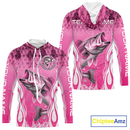 Personalized Team Bass Fishing Shirt - Long Sleeve Hooded Tournament Fishing Apparel|Pink 