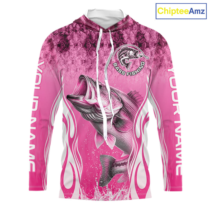 Personalized Team Bass Fishing Shirt - Long Sleeve Hooded Tournament Fishing Apparel|Pink 