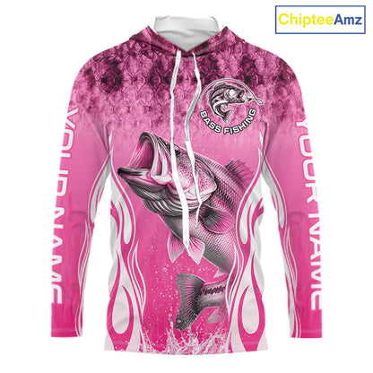 Personalized Team Bass Fishing Shirt - Long Sleeve Hooded Tournament Fishing Apparel|Pink 
