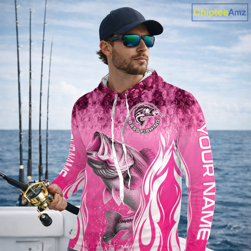 Personalized Team Bass Fishing Shirt - Long Sleeve Hooded Tournament Fishing Apparel|Pink 