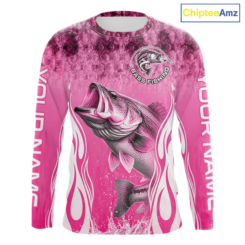 Personalized Team Bass Fishing Shirt - Long Sleeve Tournament Fishing Apparel|Pink 