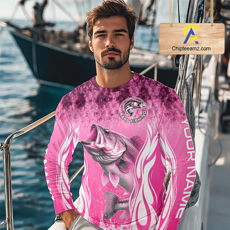 Personalized Team Bass Fishing Shirt - Long Sleeve Tournament Fishing Apparel|Pink 
