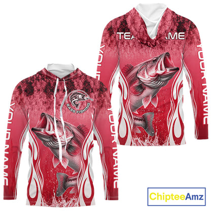 Personalized Team Bass Fishing Shirt - Long Sleeve Hooded Tournament Fishing Apparel|Red 