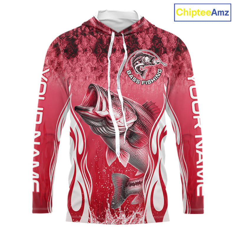 Personalized Team Bass Fishing Shirt - Long Sleeve Hooded Tournament Fishing Apparel|Red 
