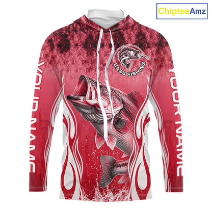 Personalized Team Bass Fishing Shirt - Long Sleeve Hooded Tournament Fishing Apparel|Red 