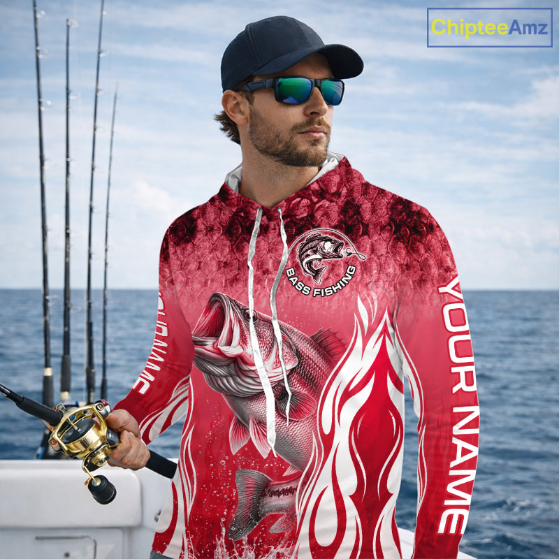 Personalized Team Bass Fishing Shirt - Long Sleeve Hooded Tournament Fishing Apparel|Red 