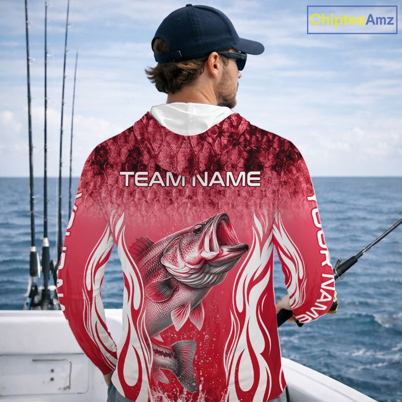 Personalized Team Bass Fishing Shirt - Long Sleeve Hooded Tournament Fishing Apparel|Red 