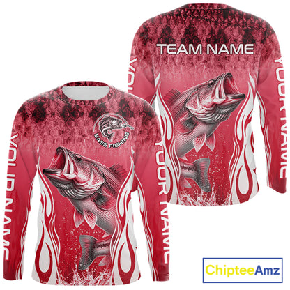 Personalized Team Bass Fishing Shirt - Long Sleeve Tournament Fishing Apparel|Red 
