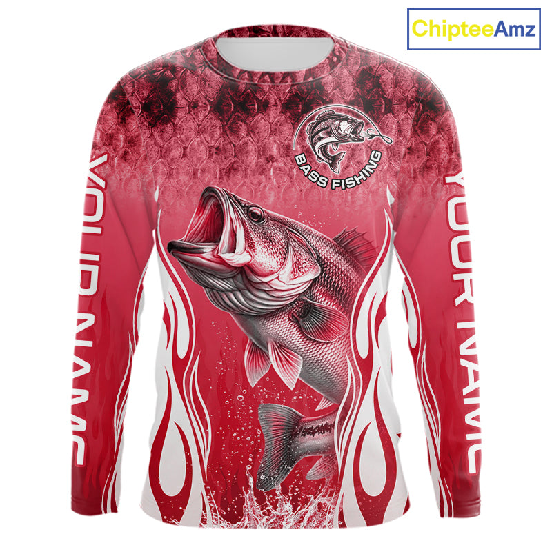 Personalized Team Bass Fishing Shirt - Long Sleeve Tournament Fishing Apparel|Red 