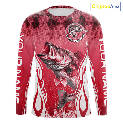 Personalized Team Bass Fishing Shirt - Long Sleeve Tournament Fishing Apparel|Red 