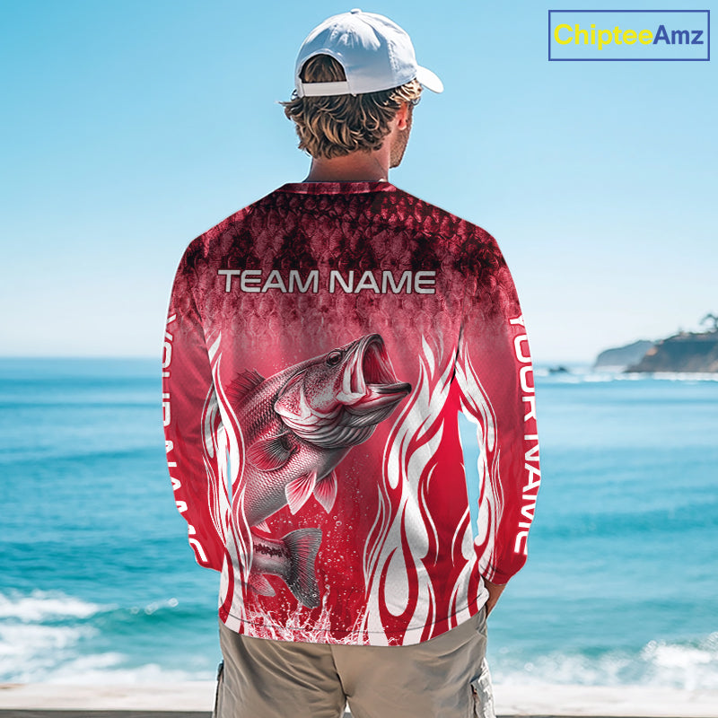 Personalized Team Bass Fishing Shirt - Long Sleeve Tournament Fishing Apparel|Red 