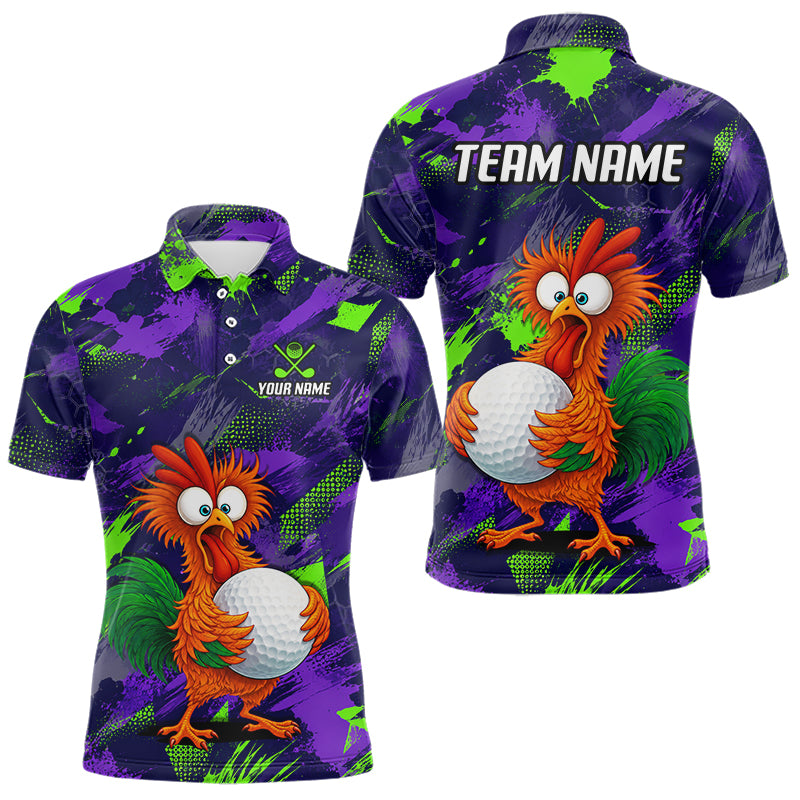 Front and back views of a short-sleeve polo shirt on a white background. The shirt features a purple and green paint-splatter pattern with a cartoon orange bird holding a white golf ball.