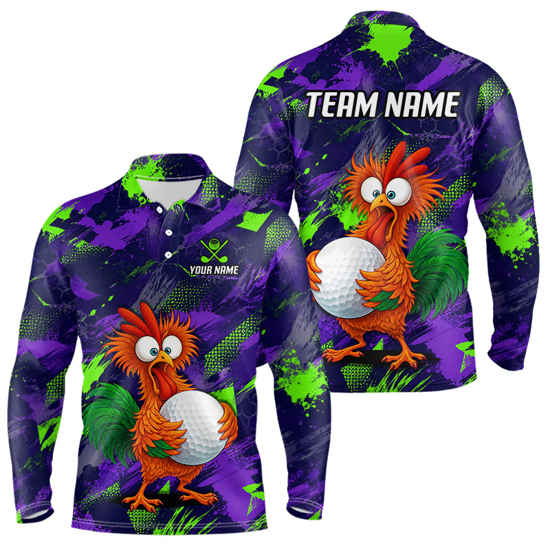 Front and back views of a long-sleeve polo shirt with a purple and green paint-splatter background, featuring a cartoon orange bird holding a white golf ball. The back view has 'TEAM NAME' printed in white at the top, and the front view has 'YOUR NAME' printed on the chest.