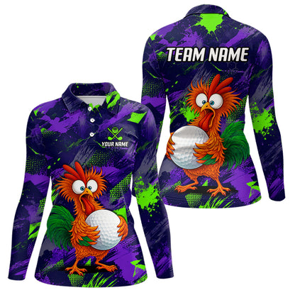 A long-sleeve collared polo shirt shown from the front and back on a white background. The shirt features a purple and green paint-splatter pattern with a cartoon orange bird holding a white golf ball, plus customizable text placeholders 'YOUR NAME' and 'TEAM NAME'.