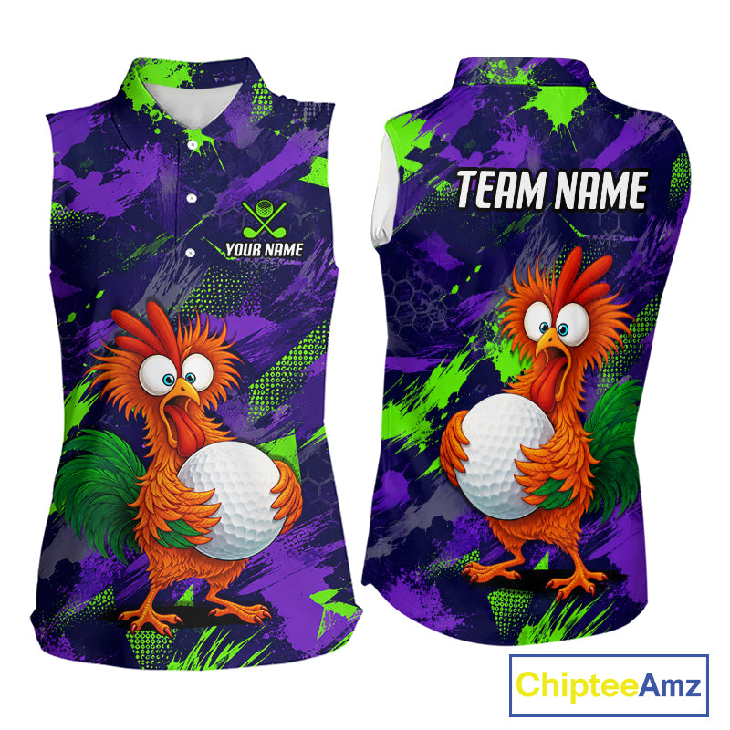Front and back views of a sleeveless collared shirt with a colorful cartoon rooster holding a golf ball, on a purple and green splatter background. The front has a small custom logo area reading 'YOUR NAME' and the back has 'TEAM NAME' in white text.