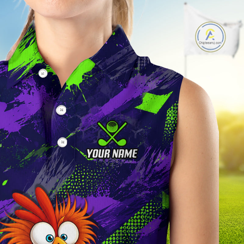 A sleeveless collared polo-style top worn by a cropped model, featuring a purple and neon green abstract paint-splatter design with a golf-themed chest graphic and the text 'YOUR NAME.' The background is a blurred outdoor golf-course scene with a flag, and a circular logo watermark appears in the upper right.