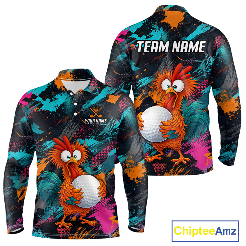 Front and back views of a long-sleeve polo shirt featuring a colorful abstract paint splatter design in teal, orange, pink, and black, with a cartoon rooster holding a golf ball printed on the front and back. The back has a placeholder text 'TEAM NAME'