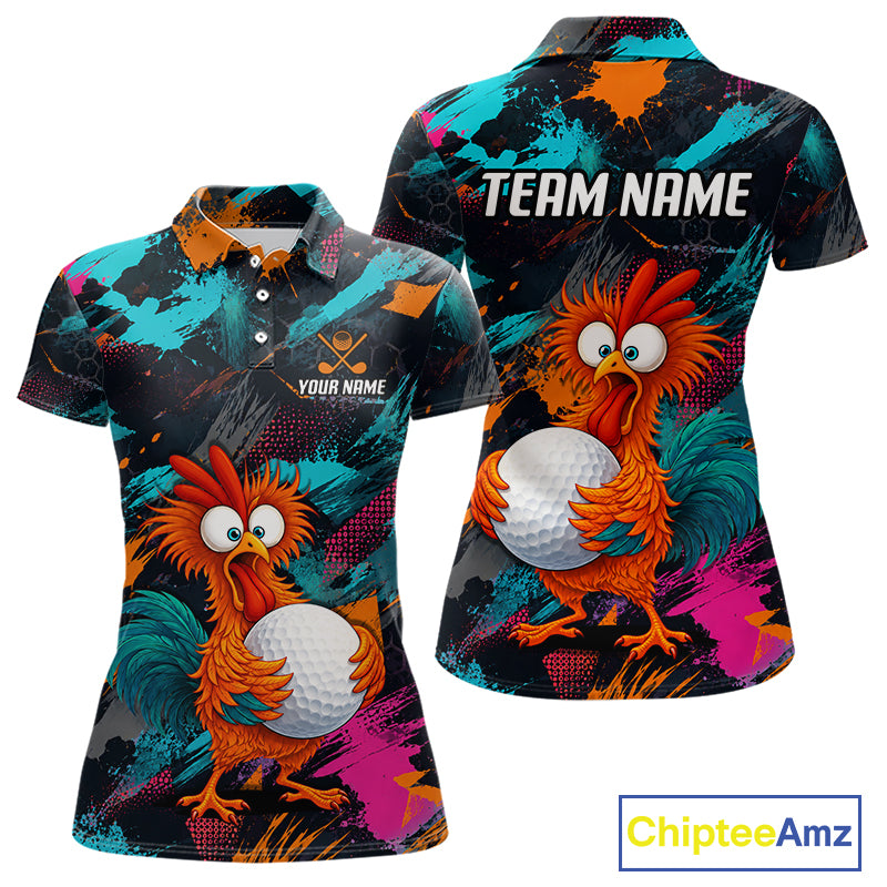 Front and back views of a short-sleeve polo shirt with a colorful all-over print featuring a cartoon rooster holding a golf ball, on a white background. The back has 'TEAM NAME' and the front has 'YOUR NAME' printed as customizable text.