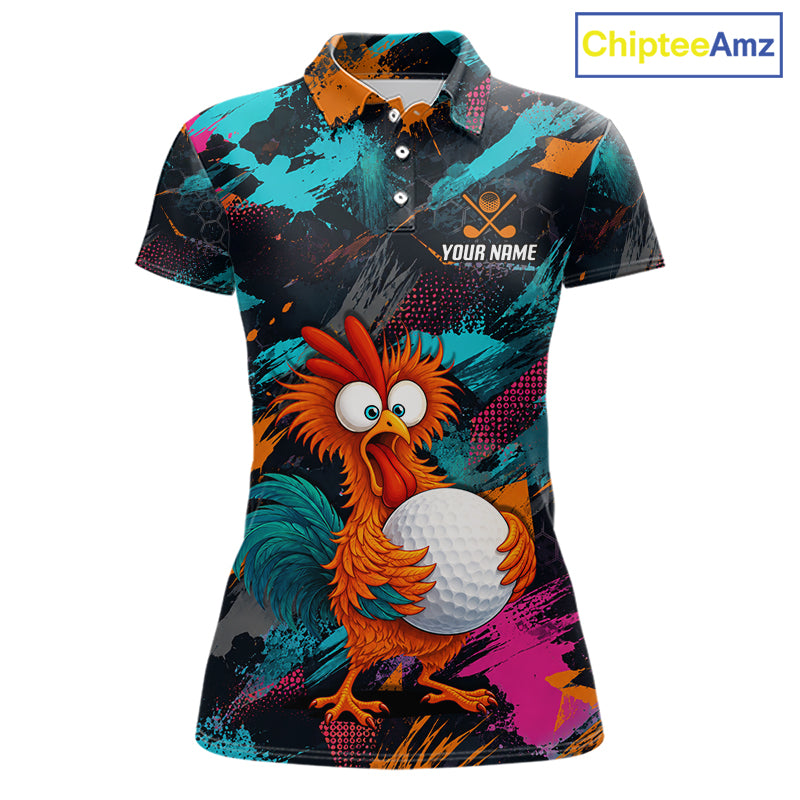 A women's short-sleeve polo shirt with a colorful all-over graphic print featuring a cartoon rooster holding a golf ball, on a white background with a ChipteeAmz logo in the top right corner.