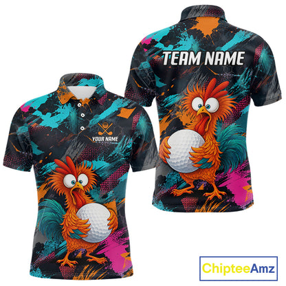 Front and back views of a short-sleeve polo shirt featuring a colorful cartoon rooster holding a golf ball on a black background with paint-splatter graphics. The front shows placeholder text 'YOUR NAME' and the back shows 'TEAM NAME'.