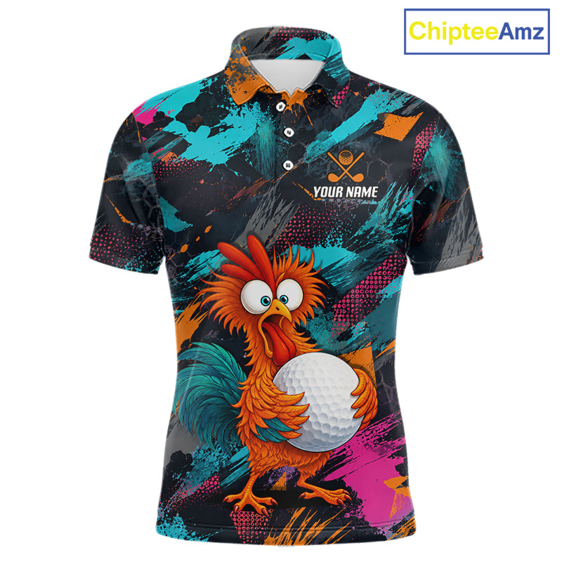 A short-sleeve polo shirt with a colorful abstract paint-splatter background and a cartoon rooster holding a golf ball on the front. The shirt includes a customizable name print area on the left chest and a visible ChipteeAmz logo in the top right corner.